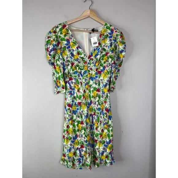 NWT Saloni Carlotta Draped Puffed Sleeves Floral A-Line Mini Dress Multi Color
